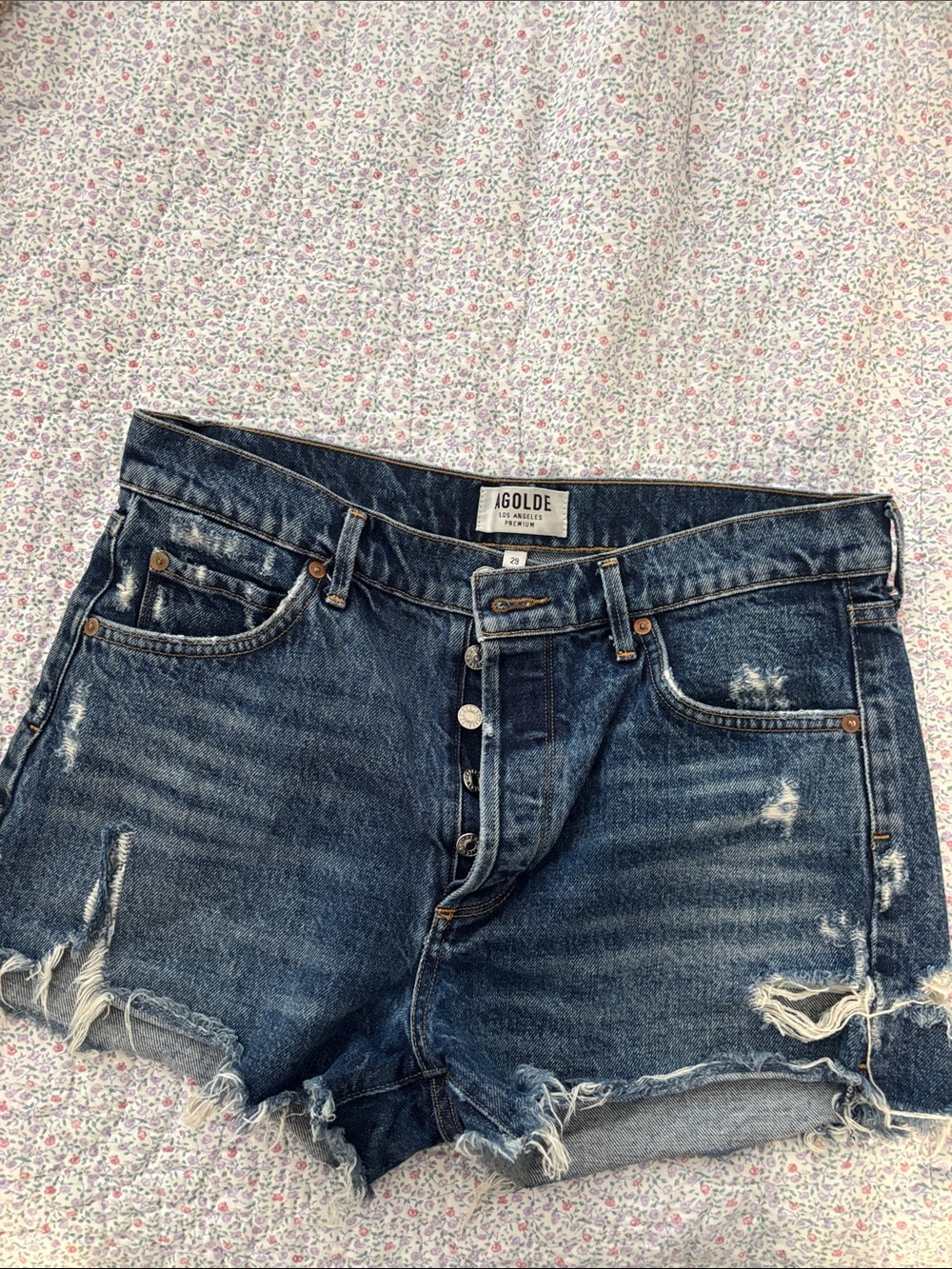 Agolde Dark Blue Distressed High-Rise Jean Shorts